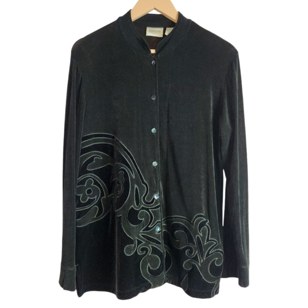 CHICOS Travelers Women’s Black Button Down Embroidered Jacket, Black, 2